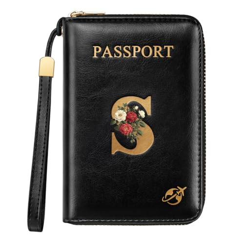 Passport Holder Cover Wallet with Zipper Personalized Initial Letter S Rose Flower RFID Blocking Travel Wallets Credit Cards Holder for Women, Gift for Wife and Girlfriend,S - color: Black, size: S