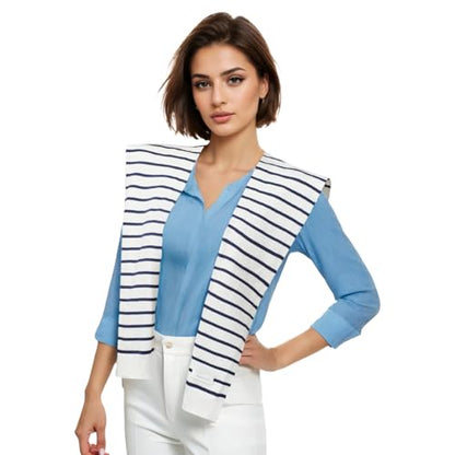 WaJuemy Women's Sweater Shawl Wraps Sleeves Knitted Collar Sweater Scarf Top Casual Lightweight Shoulder Cape Accessories - color: 15 Navy White Stripe X