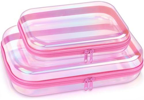 Clear Hard Shell Zipper Case,Makeup Bag,Iridescent Toiletry Bag,2pcs Large Capacity Water-resistant Toiletries Bag,Portable Travel Organizer and Storage,Bathroom Clear Cosmetic Case for Women - color: Pink Iridescent