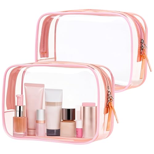 PLULON 2 Pack Travel Toiletry Bag, TSA Approved Toiletry Bag Clear Makeup Bag Quart Size Portable Cosmetic Bags Carry on Travel Accessories Bag for Women Men - Pink - color: Pink