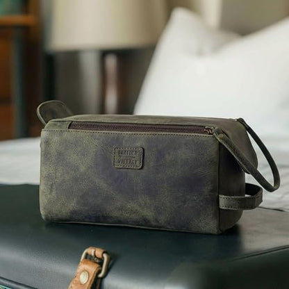 LEATHER VILLAGE Genuine Leather Travel Toiletry Bag - Water-Resistant Dopp Kit for Toiletries, Large Shaving Bag & Bathroom Organizer - Gift for Men & Women - Olive - color: Olive
