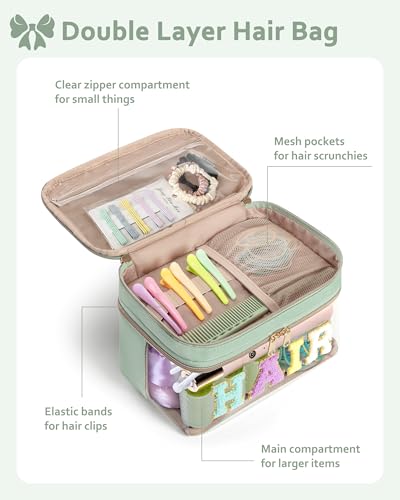 Fasrom Double Layer Hair Accessories Organizer, Preppy Patch Makeup Bag with HAIR Chenille Letter, Portable Travel Cosmetic Pouch Clear Toiletry Case for Women Girl, Green(Bag Only, Patent Design) - color: Green