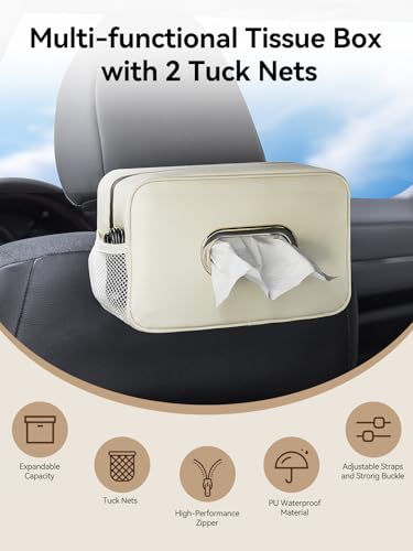 2 Pack Multi-Functional Car Tissue Holder with ‌2 Tuck Nets, Upgraded PU Leather Tissue Box Cover, Large Rectangle Napkin Storage Organizer, Keep Car Tidy, Beige - color: 2pack Beige