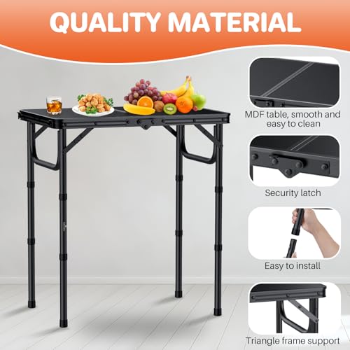 FUNYKICH 2ft Small Foldable Camping Table(22.8'' Lx15.7'' W), 3 Height Adjustable Portable Folding Table, Lightweight Aluminum Outdoor Table with Carry Handle for Camping, Beach, Picnic, Black - size: 22.8''x 15.7''x26.4''(Black)