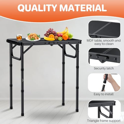 FUNYKICH 2ft Small Foldable Camping Table(22.8'' Lx15.7'' W), 3 Height Adjustable Portable Folding Table, Lightweight Aluminum Outdoor Table with Carry Handle for Camping, Beach, Picnic, Black - size: 22.8''x 15.7''x26.4''(Black)