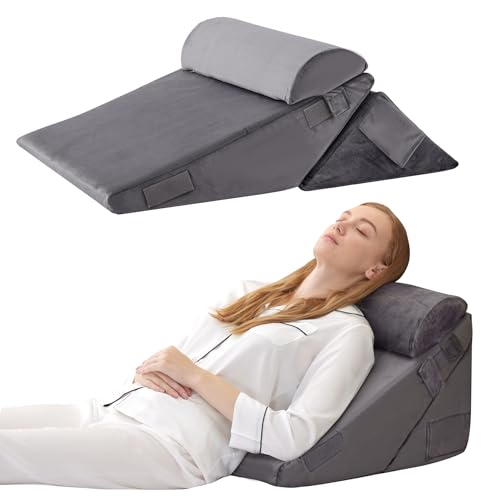 Bedluxe 3Pcs Orthopedic Bed Wedge Pillow Set, Foam Wedge Pillow Post Surgery for Back, Leg and Knee Support, Adjustable 9&12 Inch Folding Triangle Pillow for Sleeping, Acid Reflux, Snoring, Velvet - color: Velvet, size: Adjustable 9&12 Inch + 1 Head Pillo