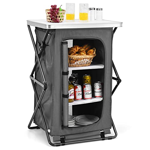 Giantex Folding Camping Storage Cabinet with 3 Shelves and Carry Bag, Portable Outdoor Organizer Kitchen Table, Quick Set-up for BBQ, Picnic, Backyard, Compact Pop-Up Cupboard, 35''H - size: 35''H