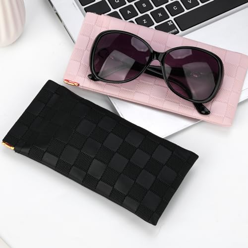 Sightor Sunglasses Case, 2 Pcs Soft Eyeglass Cases Checkered Sunglass Case Portable Squeeze Top Leather Glasses Pouch - color: Black, Pink