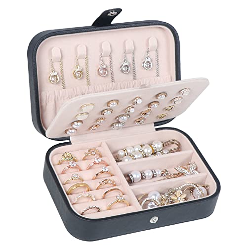 Hatori Travel Jewelry Box, PU Leather Small Jewelry Organizer for Women Girls, Double Layer Portable Mini Travel Case Display Storage Holder Boxes for Stud Earrings, Rings (Black Beige) - color: Black Beige