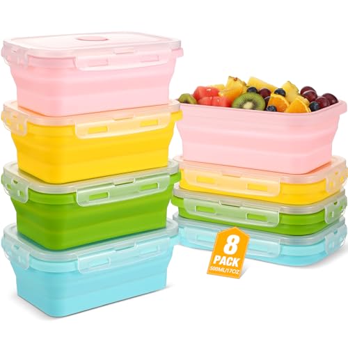 Mifoci Set of 8 Silicone Collapsible Bowls for Camping with Vent Lid Silicone Storage Containers for Food Meal Preparation Square Bowl Microwave Freezer Dishwasher Safe(Macaron Color,17 Oz/ 500 ml) - color: Macaron Color, size: 17 oz/ 500 ml