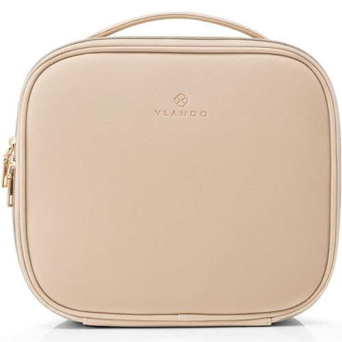 VLANDO Travel Makeup Bag, Large Capacity Cosmetic Bag for Women PU Leather Makeup Case Organizer Portable Make up Bag with Dividers and Handle for Girls,Wedding,Makeup Brushes Milk Tea - color: A.Milk tea