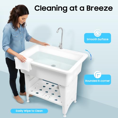 Freestanding Plastic Laundry Sink, Utility Sink Laundry Tub with Faucet, Indoor and Outdoor Utility Sink Hoses and Drain Kit, Slop Sink Wash Station for Garage/Basement/Garden - color: White, 32.3 x 22.4 x 29.9in