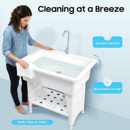 Freestanding Plastic Laundry Sink, Utility Sink Laundry Tub with Faucet, Indoor and Outdoor Utility Sink Hoses and Drain Kit, Slop Sink Wash Station for Garage/Basement/Garden - color: White, 32.3 x 22.4 x 29.9in