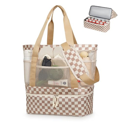 WOOMADA Beach Tote Bag With Cooler, Large Mesh Beach Bags for Women with Wet Pocket, Pool, Swim, Travel Essentials - color: Brown Checkerboard