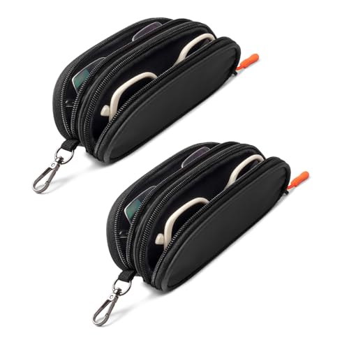 Double Eyeglasses Case Soft Portable Zipper Sunglasses Pouch with Keychain Clip for Men Women - color: Black - Pack of 2