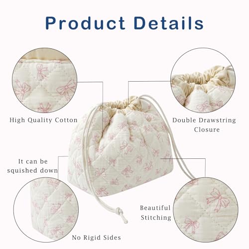Cotton Quilted Drawstring Makeup Bag with Canvas Lining,Coquette Aesthetic Cute Travel Toiletry Bag,Drawstring Gift Bag for Women and Girls（12White Small Bow） - color: 12White Small Bow