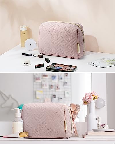 BAGSMART Small Makeup Bag, Compact Cosmetic Pouch for Women for Purse, Travel Toiletry Organizer with Wide Open Design, Pink - color: 01-Pink