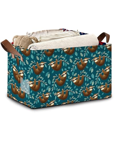 Funny Sloth Storage Baskets,Leaves Foldable Organizer Bin with Handles for Home Living Room Bedroom Closet Box 17x11.5x10Inch - color: Funny Sloth Leaves