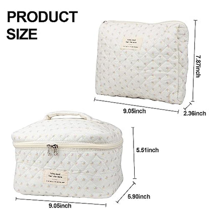 NATINSA Cute Makeup Bag for Women(2 Pcs), Travel Cosmetic Bags, Quilted Coquette Aesthetic Floral Toiletry Organizer Bag (Little Flower) - color: Little Flower