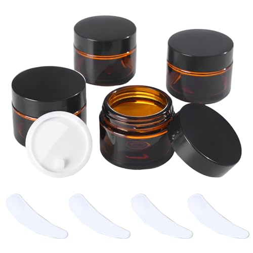 OverNews 2oz Amber Glass Jar Travel Size, 4PCS Empty Cosmetic Lotion Container with Black Lid & Spatula, Small Mini Jar for Beauty - color: Amber, size: 4