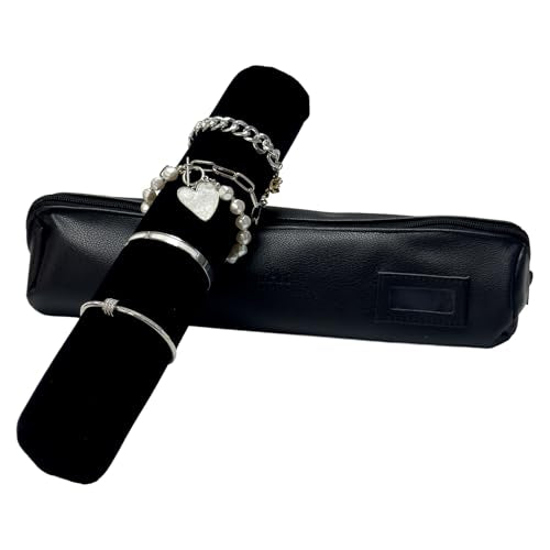 UnionPlus Velvet Jewelry Roll Bag for Brackets Bangles Watches, Great Jewelry Organizer for Travel, Black Leatherette - color: Black Leatherette, size: Large