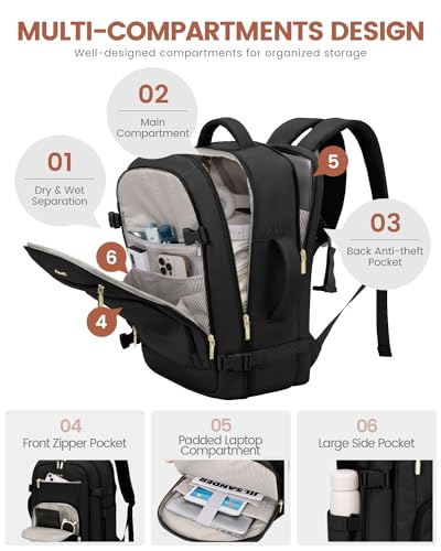 LOVEVOOK Carry on Backpack, 50L Large Travel Backpack For Airplanes, TSA Personal Item Travel Bag, Waterproof Daypack Fits 18 Inch Laptop, Business Weekender Overnight With 3 Packing Cubes, Black - color: Black, size: 50l-18 Inch-4pcs