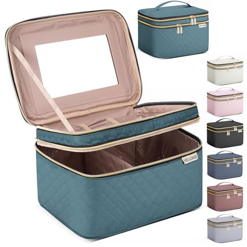 HXLGMD Large Makeup Bag with Mirror Double Layer Travel Make Up Organizer Case, Large Capacity Coemetic with Brush Slot Divider, Travel Toiletry Bag for Women (Lake Blue) - color: Lake Blue