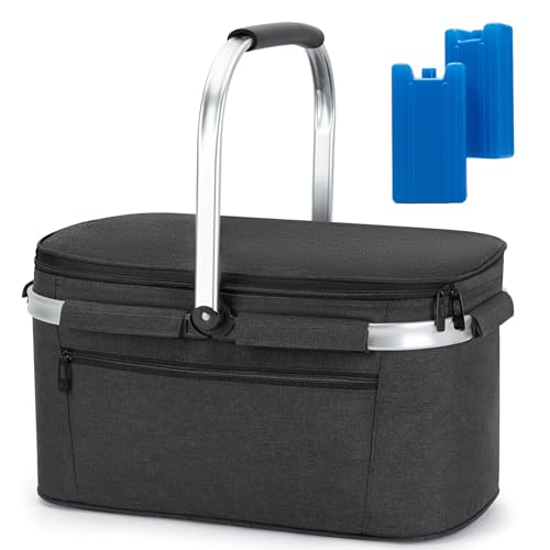 ALLCAMP Picnic Basket - 2 Ice Box Included 32L Insulated Cooler, Thickening Foldable Picnic Basket with Removable Baskets & Sewn-in Frame, Basket for House Warming Gifts New Home(Black) - color: Black, size: Large