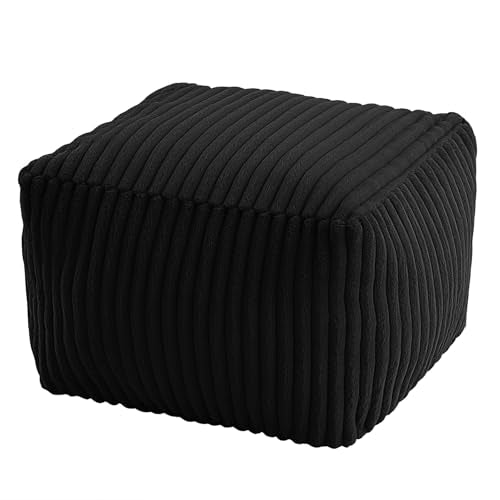 MeMoreCool Square Stuffed Pouf Ottoman Foot Rest, Stripe Furry Floor Pouf Foot Stool with Foam Chunk Filling, Soft Fluffy Stuffed Ottoman Footrest for Living Room, Faux Fur Black - color: Ribbed Black