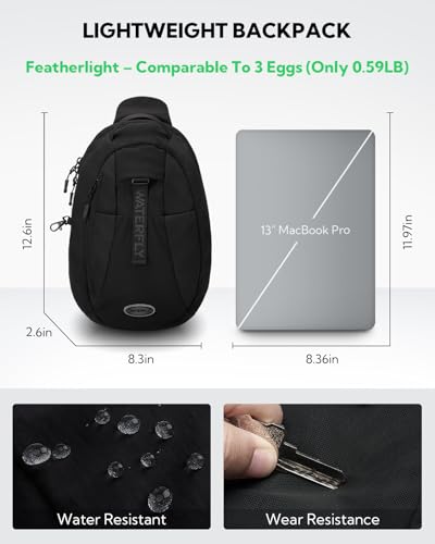 WATERFLY Small Crossbody Sling Backpack: RFID Blocking Anti Theft Sling Bag Travel Daypack Man Woman - color: Black