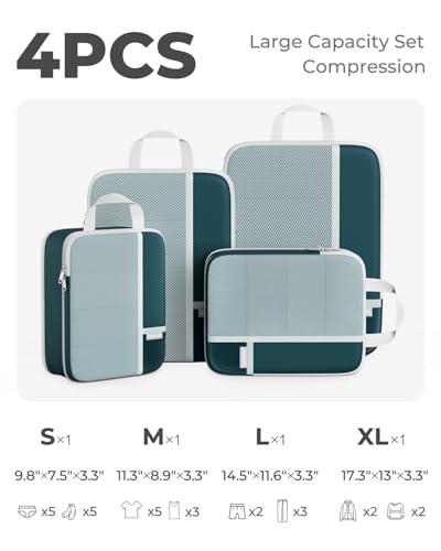 Percover Compression Packing Cubes for Travel, 4-Piece Structured Compression Organizer Set with Label Pockets for Carry-On & Checked Luggage, Peacock Green - color: Peacock Green, size: 4 Set
