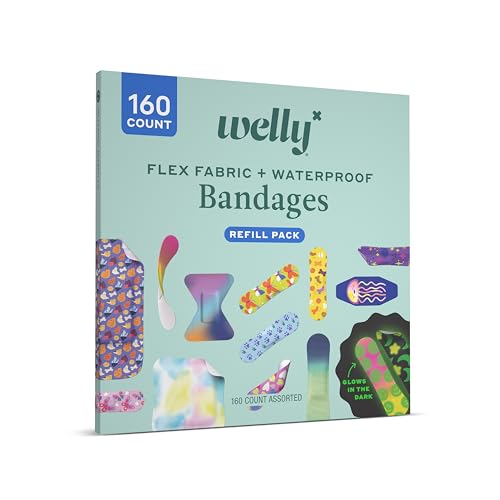 Welly Bandage Large Refill Pack | Adhesive Flexible Fabric, Glow-in-the-Dark & Waterproof Bandages | Assorted Shapes and Patterns for Minor Cuts, Scrapes, and Wounds - 160 Count - size: 160 Count (Pack of 1)