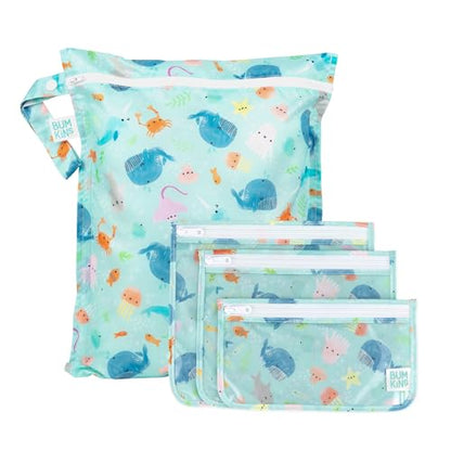 Bumkins - Waterproof Wet Bag & Clear Travel Bags - For Beach, Baby, Travel, Swim Suit, Cloth Diapers, Pump Parts, Pool, Gym, Toiletries - Reusable & Easy to Clean - Ocean Life Blue - 4 Pack - color: B1 Ocean Life