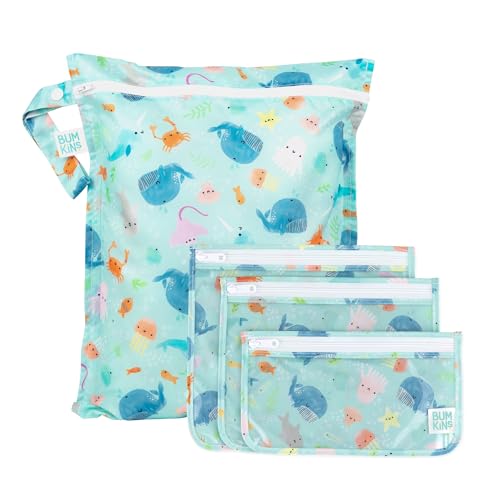 Bumkins - Waterproof Wet Bag & Clear Travel Bags - For Beach, Baby, Travel, Swim Suit, Cloth Diapers, Pump Parts, Pool, Gym, Toiletries - Reusable & Easy to Clean - Ocean Life Blue - 4 Pack - color: B1 Ocean Life