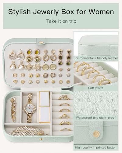 VLANDO Travel Jewelry Case for Women Girls Mothers, PU Leather Portable Small Jewelry Box for Rings, Necklaces, Bracelets, Earring Holder Organizer Storage for Travel, Bridesmaid Gifts - Mint Green - color: E.Mint Green