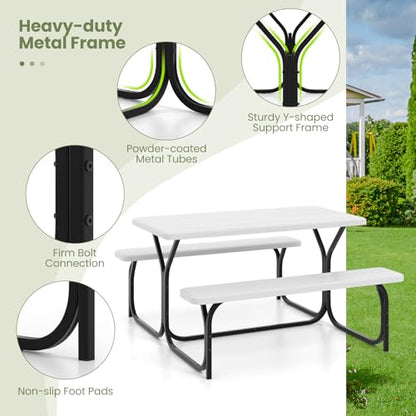 S AFSTAR Picnic Table Bench Set, 59” Expanded Rectangular Picnic Table, Outdoor Table and Bench W/Steel Frame & Wood-Like Texture Tabletop, Camping Table Chair Set for Garden Patio Lawn Deck (White) - color: White
