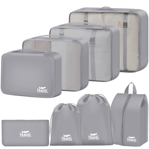 8 Set Packing Cubes for Travel Luggage Organizer Bags for Family, Mesh Packing Cubes for Suitcases, Travel Essentials Bags Set for Women & Men - color: Upgrade-Grey