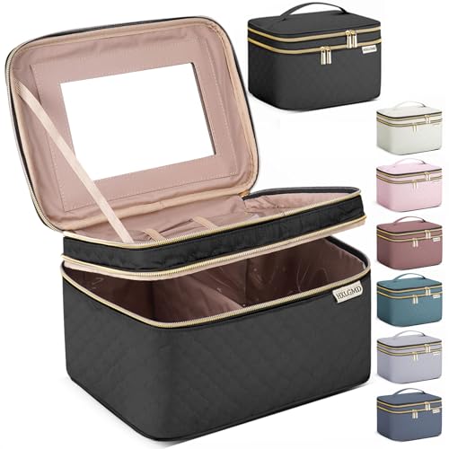 HXLGMD Large Makeup Bag with Mirror Double Layer Travel Make Up Organizer Case, Large Capacity Coemetic Bag with Brush Slot Divider - color: Black