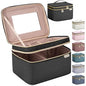 HXLGMD Large Makeup Bag with Mirror Double Layer Travel Make Up Organizer Case, Large Capacity Coemetic Bag with Brush Slot Divider - color: Black