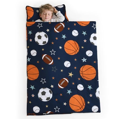 PHF Soft Toddler Nap Mat with Removable Pillow, Rollup Design Kids Sleeping Mat, Slumber Bags for Boys, 55"x23" Toddler Sleeping Bag for Daycare Preschool Travel Camping, Ball - color: Ball