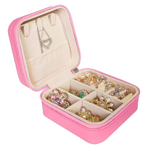 Small Travel Jewelry Box, Portable Mini Jewelry Leather Box Jewelry Ring Organizer Case Storage Holder Gift Boxes for Girls Women, Rose pink - color: RosePink