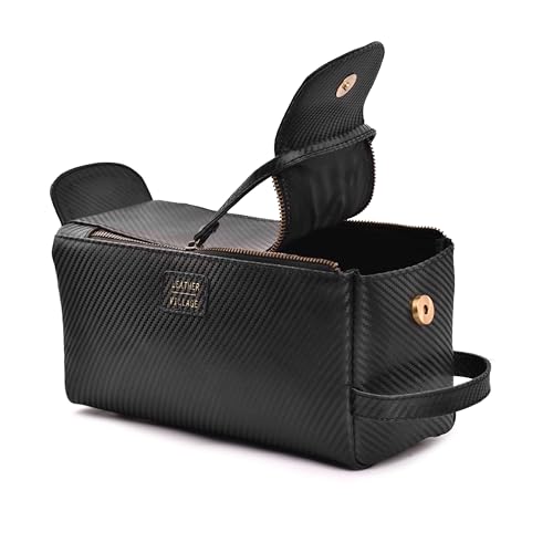 LEATHER VILLAGE Genuine Carbon Fiber Genuine Leather Travel Toiletry Bag - Large Dopp Kit, Water-Resistance Bathroom & Shaving Organizer for Men & Women - Black - color: Carbon Black
