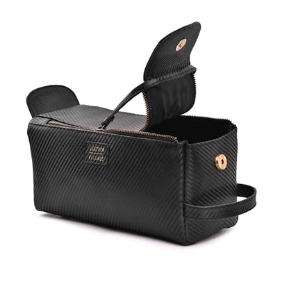 LEATHER VILLAGE Genuine Carbon Fiber Genuine Leather Travel Toiletry Bag - Large Dopp Kit, Water-Resistance Bathroom & Shaving Organizer for Men & Women - Black - color: Carbon Black