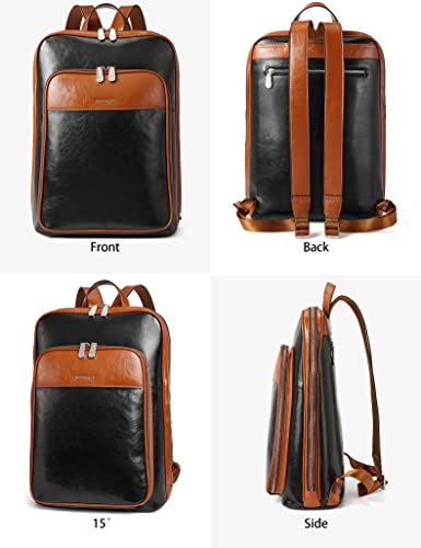 BOSTANTEN Leather Laptop Backpack for Women 15.6 inch Computer Bag Travel Work Daypack - color: 1-black＆brown