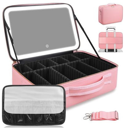 15''X11'' Large Capacity Makeup Bag with LED Mirror, Professional Makeup Case Organizer with 3 Color Light Adjustable Brightness, Travel Make up Cosmetic Case with Detachable Dividers & Shoulder Strap - color: Pink, style: Integrated