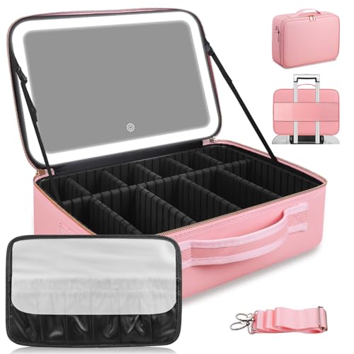 15''X11'' Large Capacity Makeup Bag with LED Mirror, Professional Makeup Case Organizer with 3 Color Light Adjustable Brightness, Travel Make up Cosmetic Case with Detachable Dividers & Shoulder Strap - color: Pink, style: Integrated