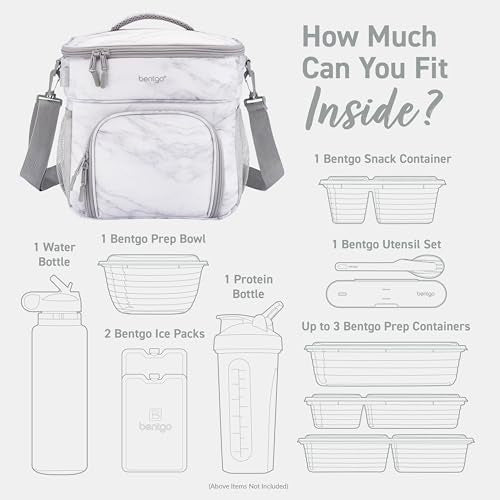 Bentgo Prep Deluxe Insulated Multimeal Bag - Lunch Box Bag, Holds 5 Meals, Premium Insulation up to 8 Hrs, Durable, Water-Resistant - Large Capacity For Adult Meal Prep (White Marble) - color: White Marble