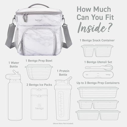 Bentgo Prep Deluxe Insulated Multimeal Bag - Lunch Box Bag, Holds 5 Meals, Premium Insulation up to 8 Hrs, Durable, Water-Resistant - Large Capacity For Adult Meal Prep (White Marble) - color: White Marble