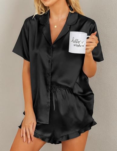 Ekouaer Womens Satin Pajamas Set Button Down 2 Piece Silk Pjs Shorts Set Ruffle Lingerie Notch Collar Sleepwear - color: Black, size: XX-Large