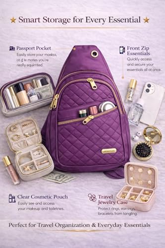Travel Essentials Gift Set for Women – 7 Pc Travel Kit with Sling Bag, TSA Pouch, Jewelry Case & Sleep Mask - color: Amethyst Pop